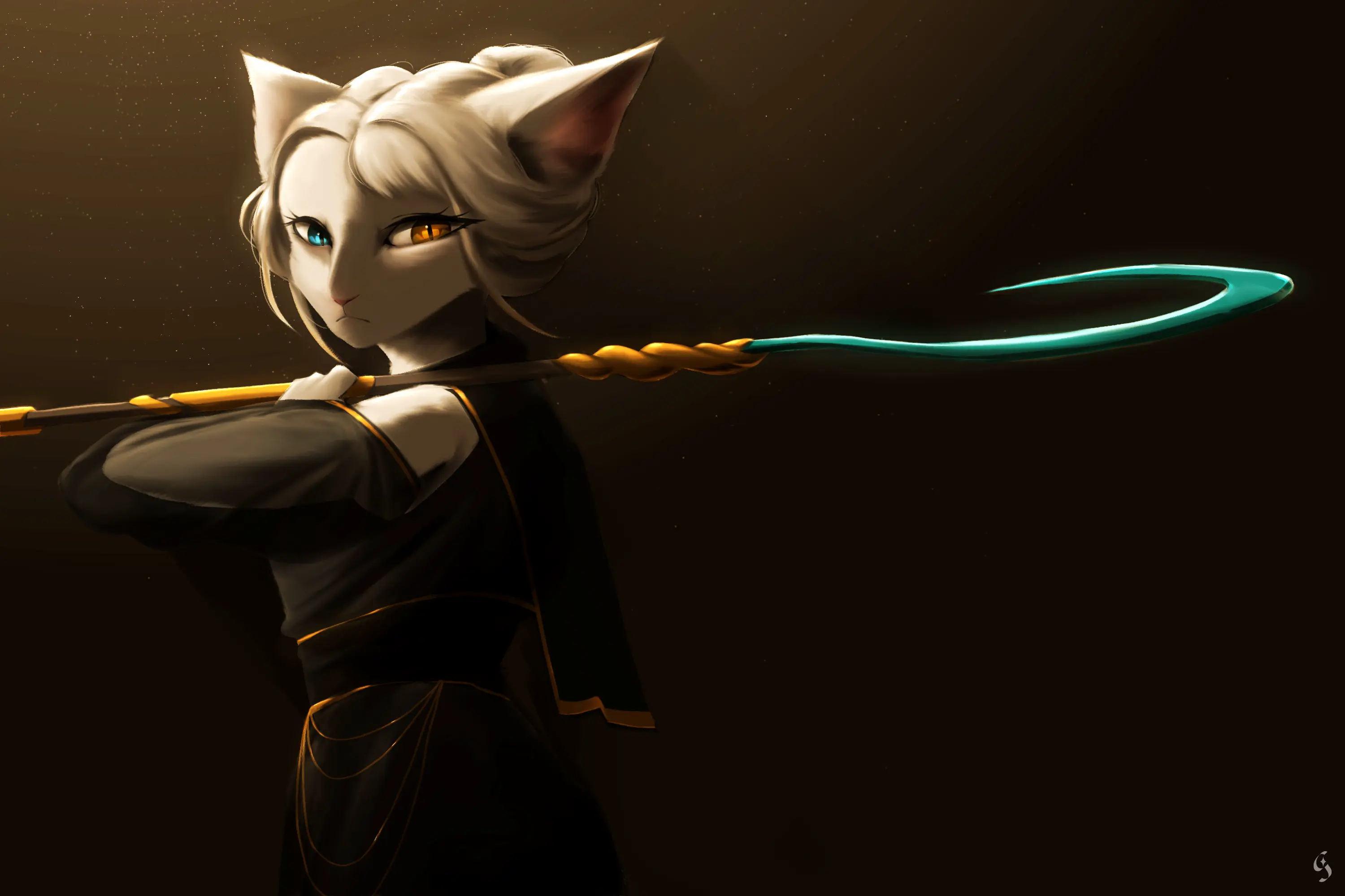 Van holding a scythe over her shoulder in a dark setting