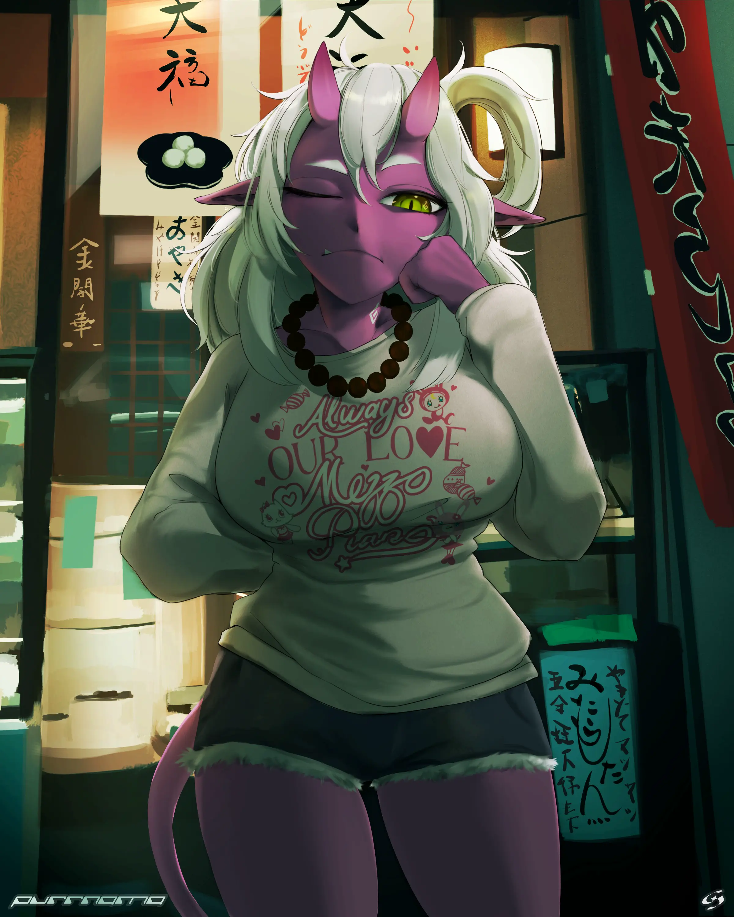 A late night artwork of Tsubaki in front of an old-fashioned bakery