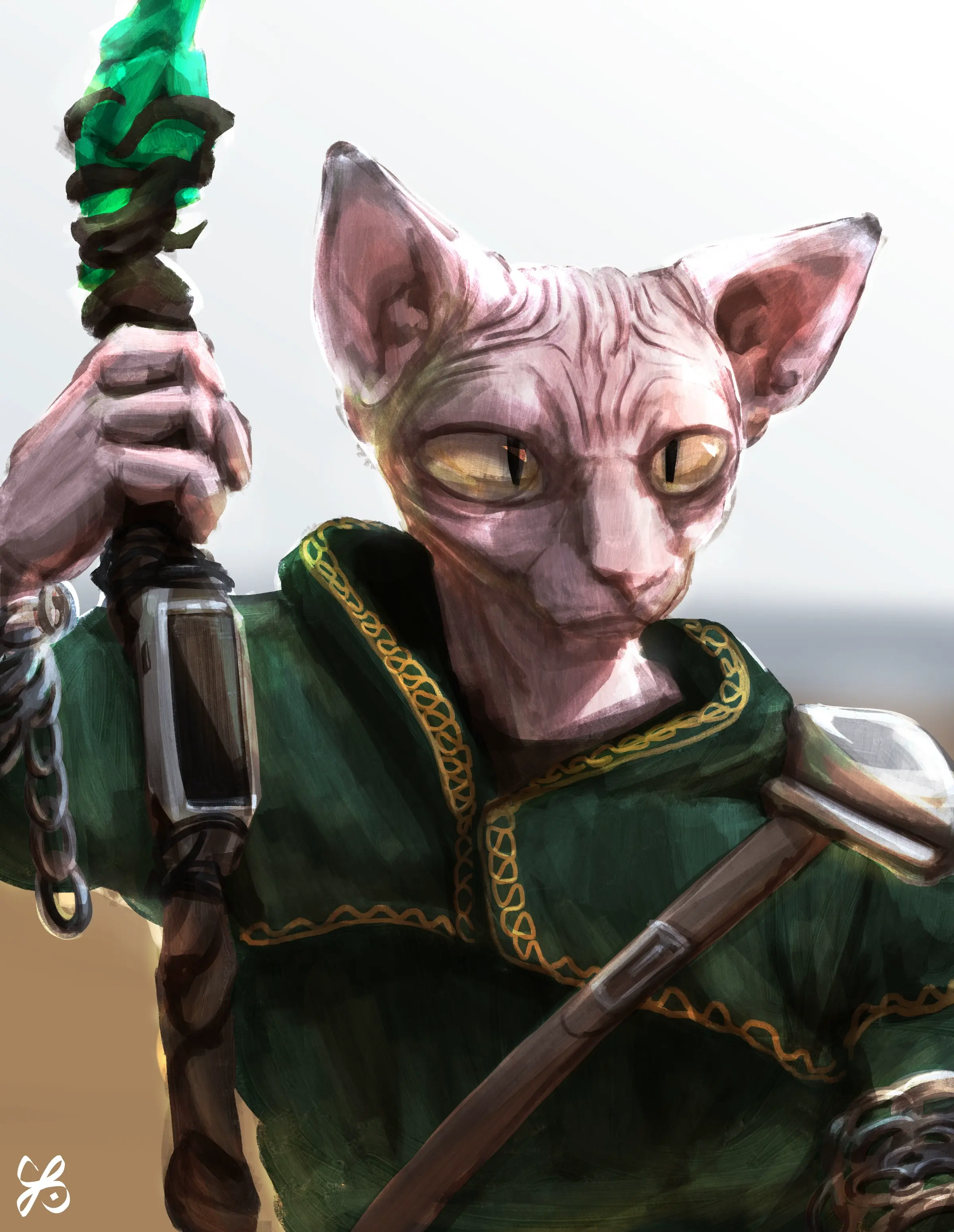 An artwork of Ghost the sphinx cat