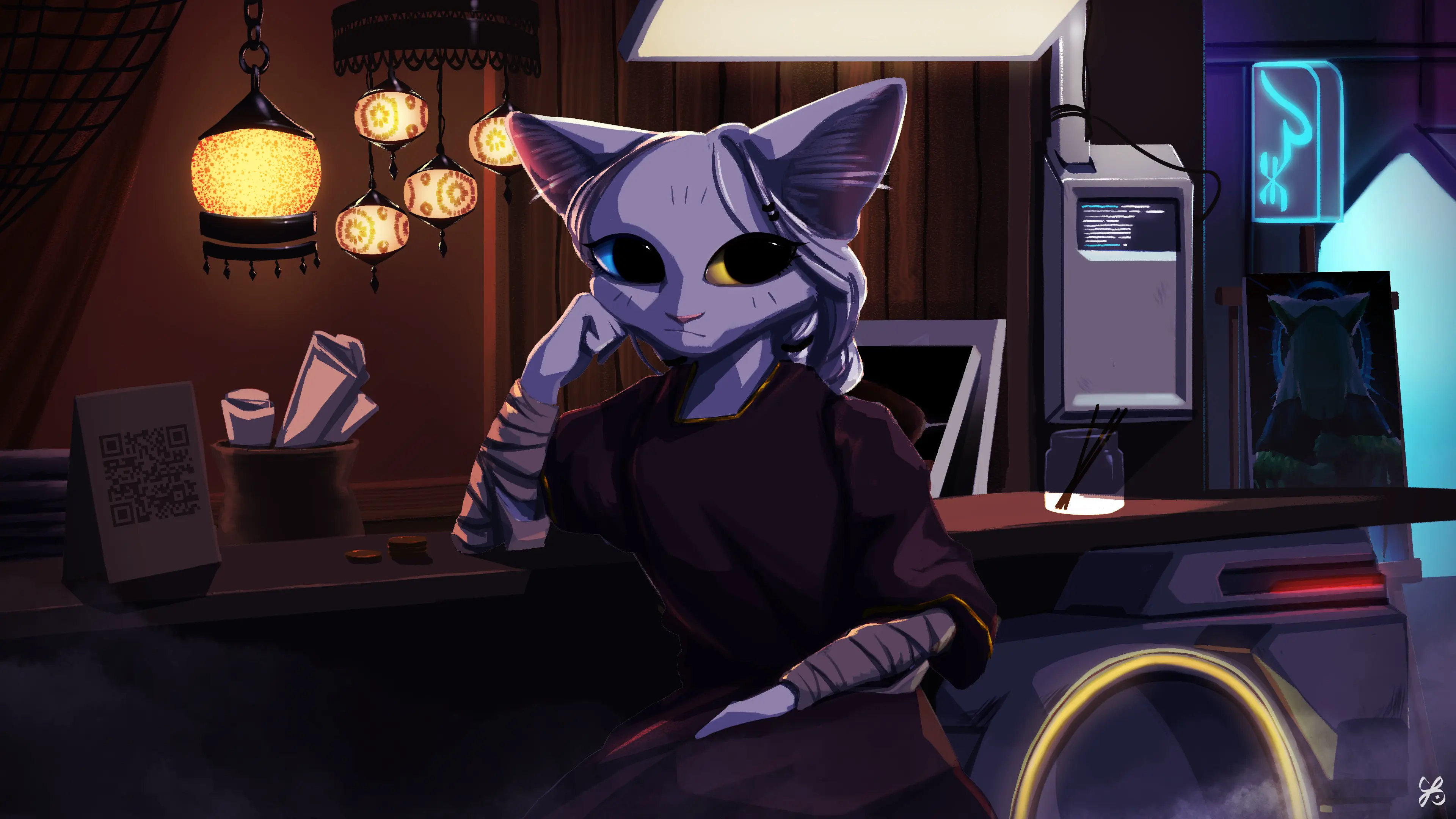 Van contemplating by her caravan in a neon night setting