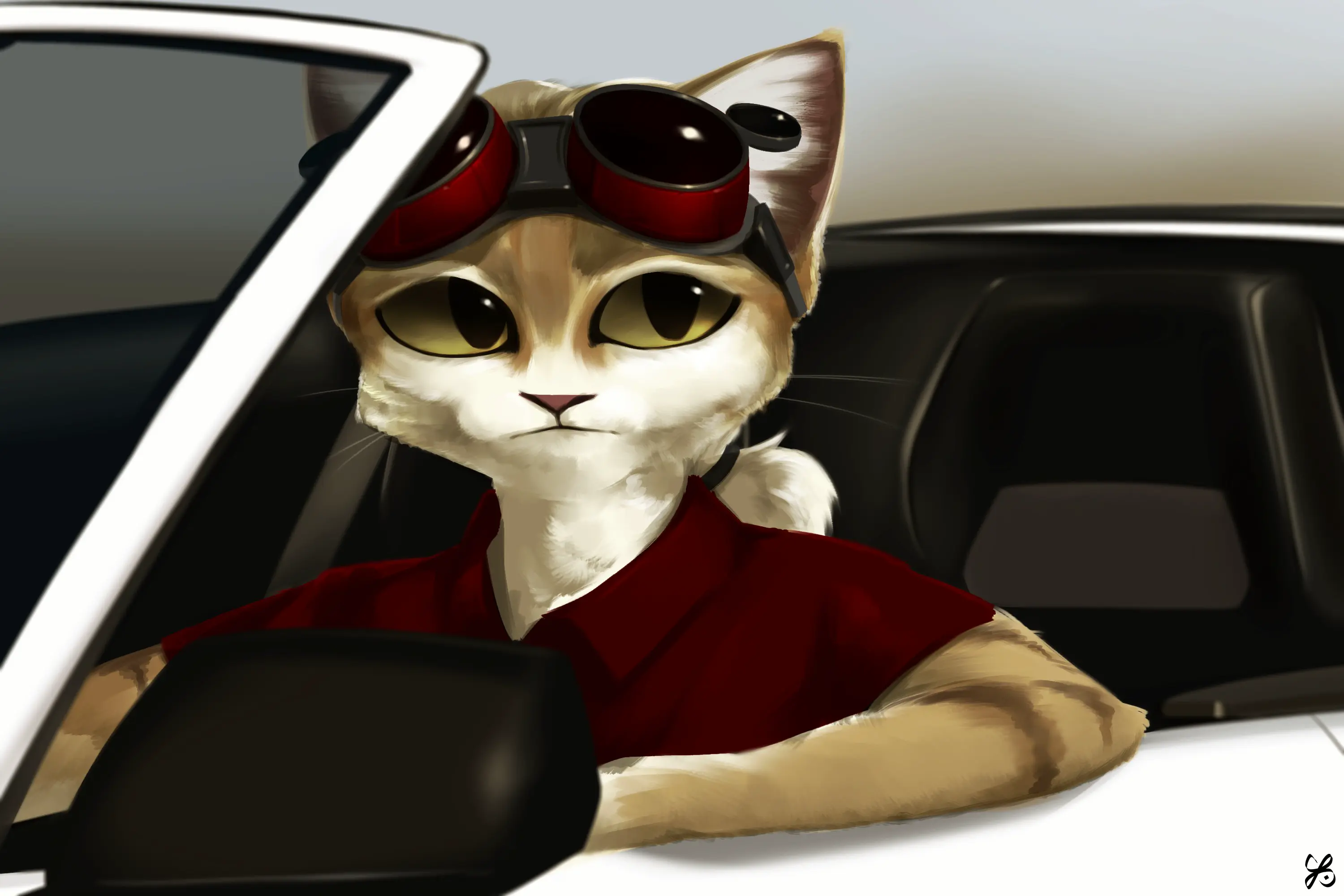 An artwork of Cooper looking sadly in a car