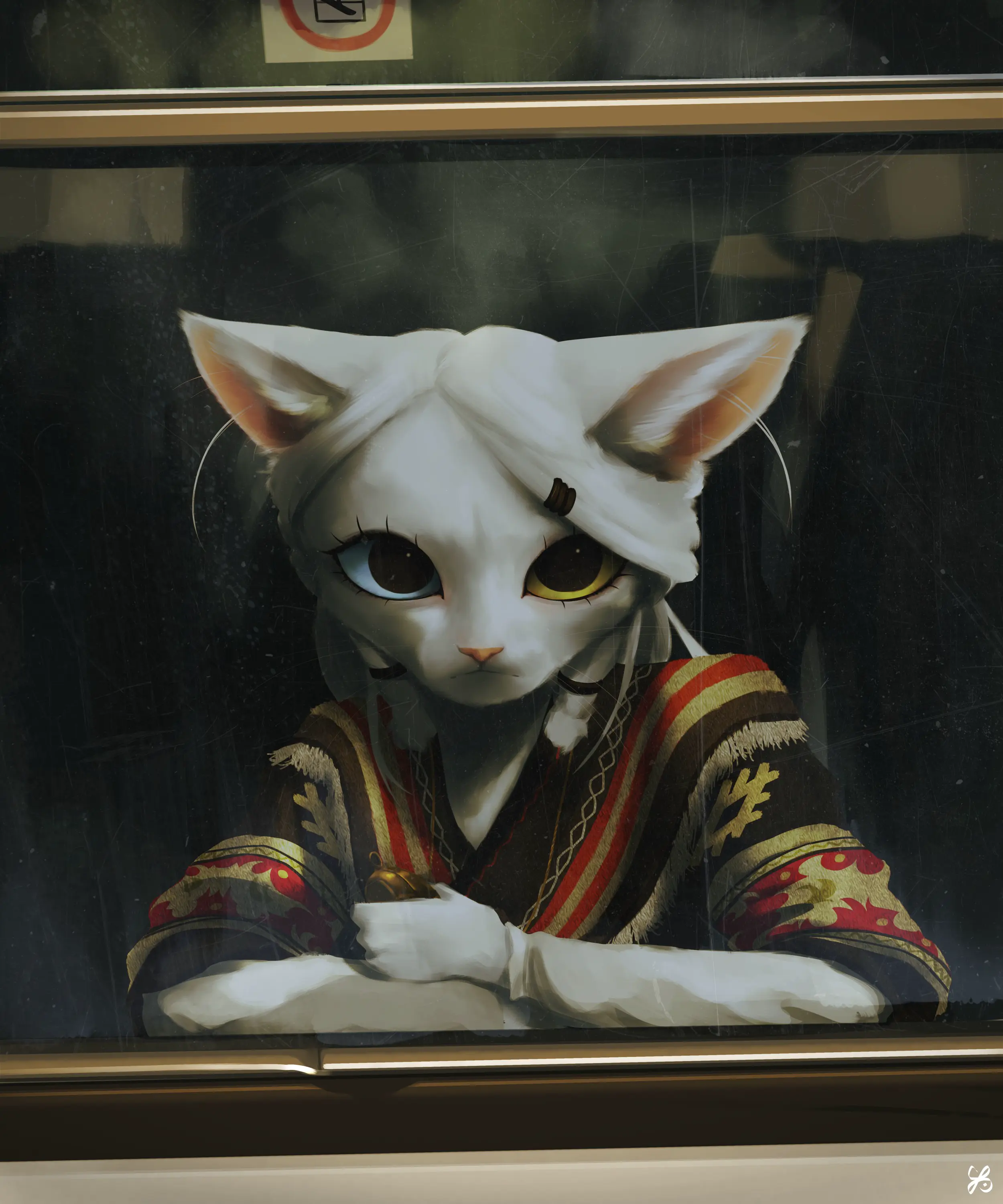 An artwork of Van in a train, holding a pocket watch