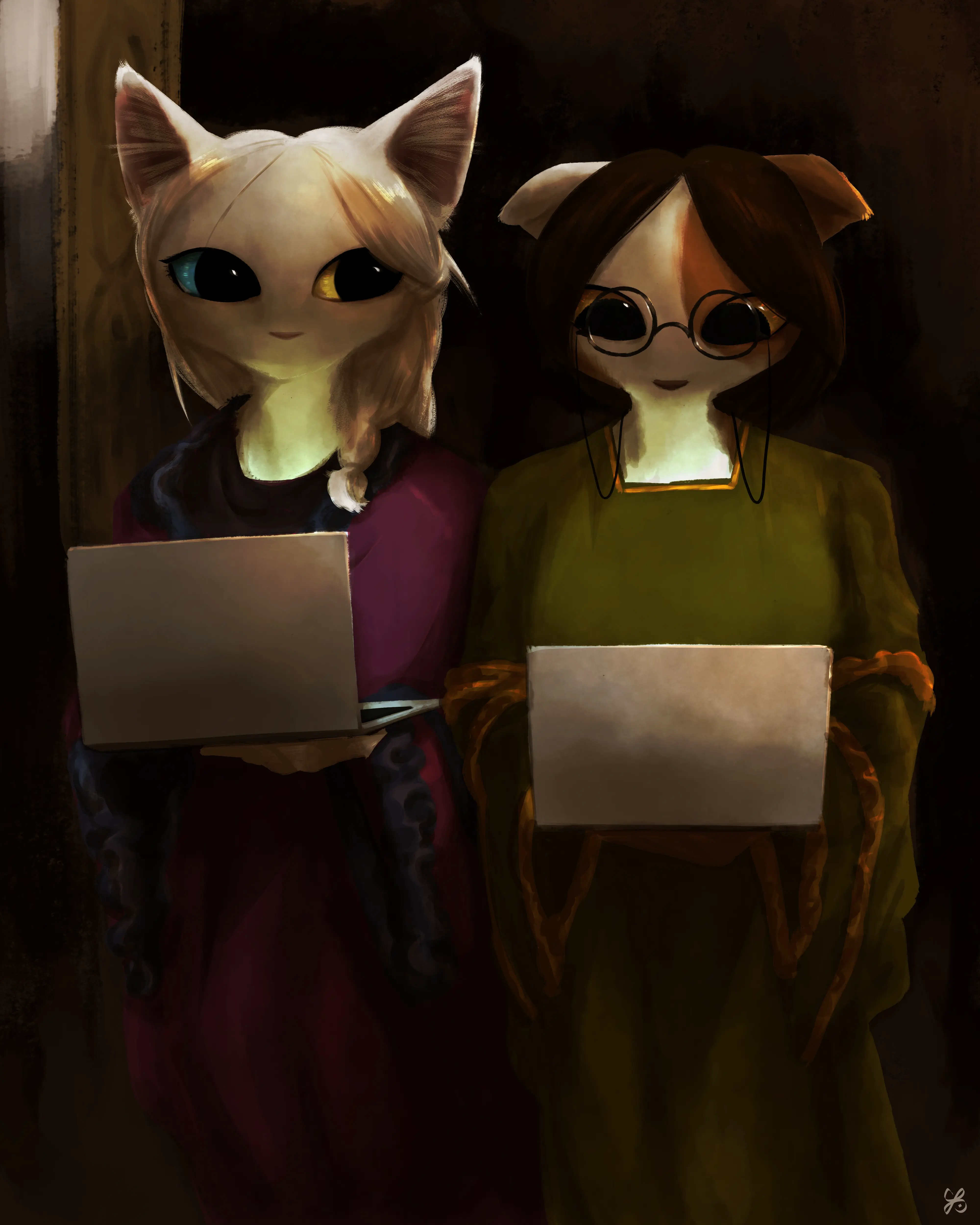 An ancient-futuristic artwork of Van and Emmie with laptops