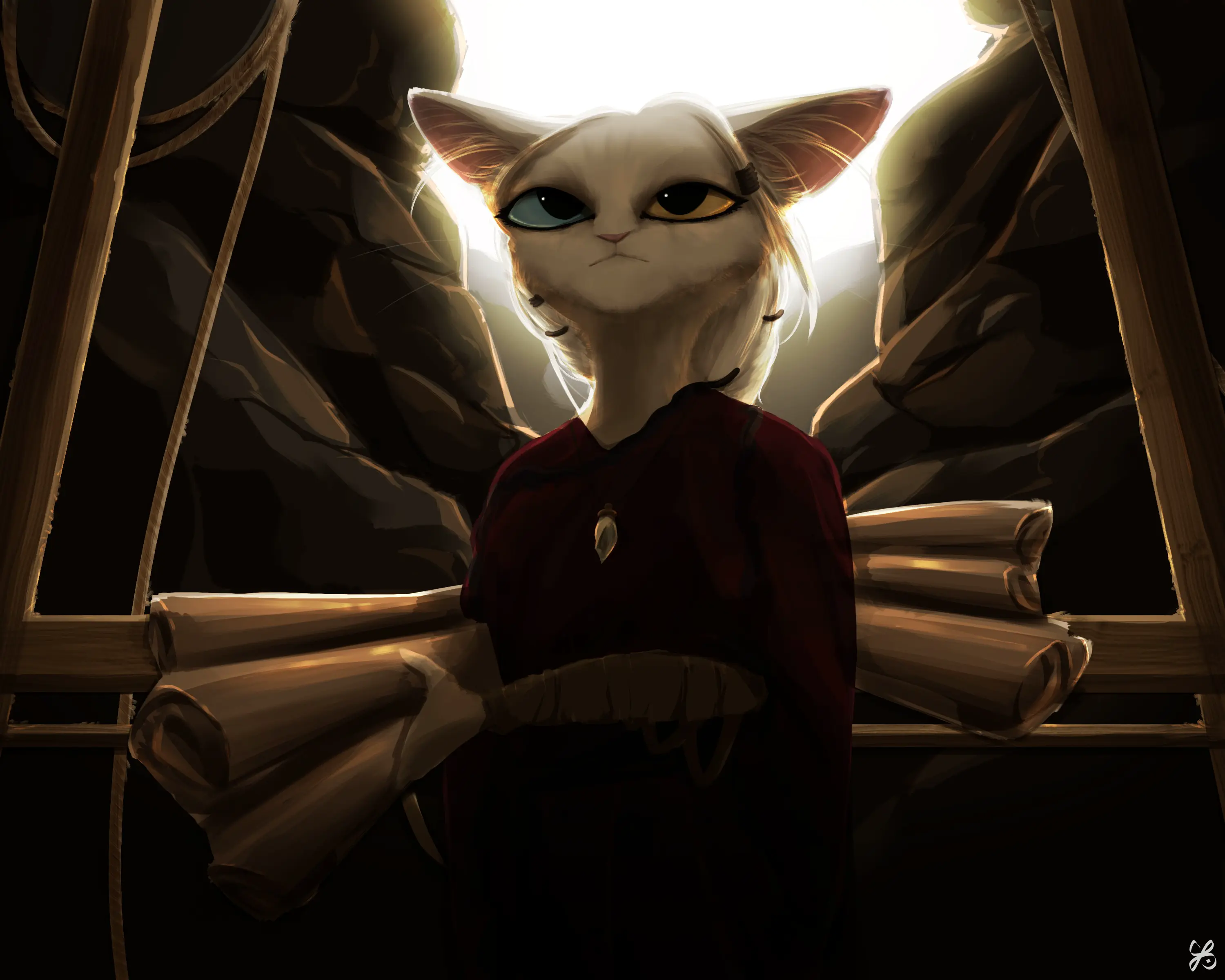 A dramatic artwork of Van rising from a cave